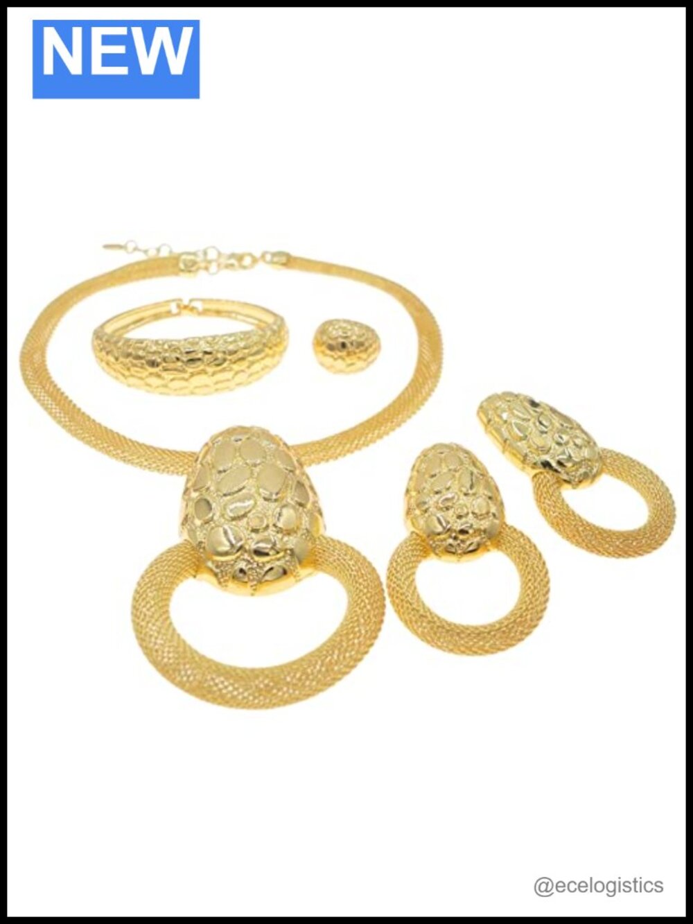 24K Gold Plated Silver Jewelry Set Earrings Necklace Ring Formal